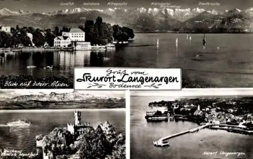 Ak Langenargen am Bodensee, Luftbild, österreichische Alpen, Staufenspitze, Mittagsspitze, Schloss