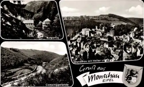 Ak Monschau Montjoie in der Eifel, Wappen, Haller, Burg, Rur, Campinggelände