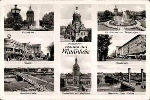 Ak Mannheim in Baden, Christuskirche, Wasserturm, Friedrichsplatz, Plankenhof, Paradiesplatz