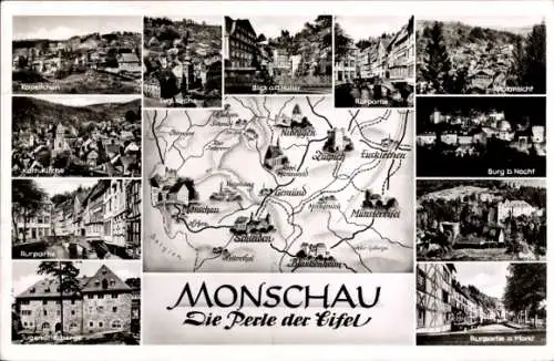 Ak Monschau Montjoie in der Eifel, Landkarte, Markt, Jugendherberge, Burg bei Nacht, Kapellchen