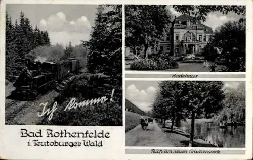 Ak Bad Rothenfelde am Teutoburger Wald, Badehaus, Dampflokomotive, Teich am neuen Gradierwerk