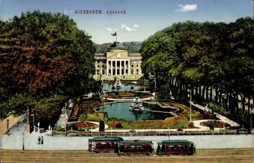 Ak Wiesbaden in Hessen, Kurhaus, Straßenbahnen, Springbrunnen