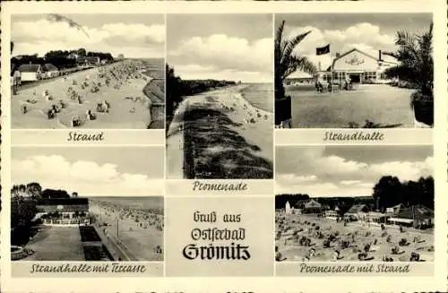 Ak Ostseebad Grömitz in Holstein, Strandhalle, Promenade, Strand