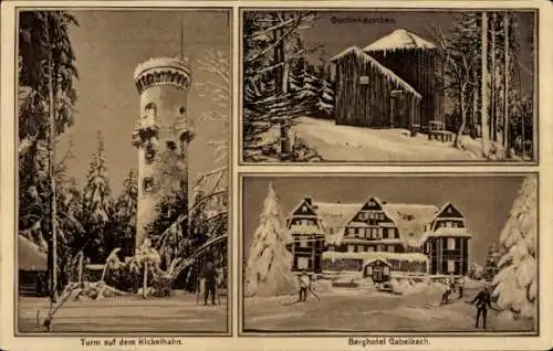 Ak Ilmenau in Thüringen, Berghotel Gabelbach am Kickelhahn, Turm, Goethehäuschen, Winter