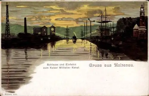 Litho Holtenau Kiel, Schleuse, Einfahrt Kaiser Wilhelm Kanal