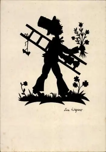 Scherenschnitt Künstler Ak Wagner, S., Junge mit Leiter, Blumenstrauß, Geschenk