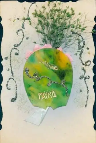 Stoff Glitzer Ak Glückwunsch 1. April, Fisch, Echte Pflanze, Stoffschleife