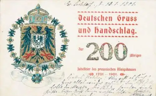 Glitzer Wappen Ak 200jährige Jubelfeier des preußischen Königshauses 1701-1901