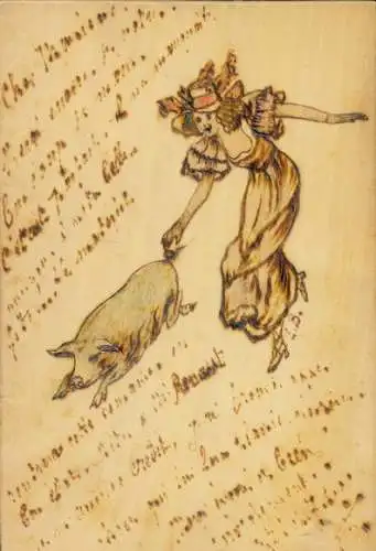 Holz Ak Frau rennt hinter einem Schwein