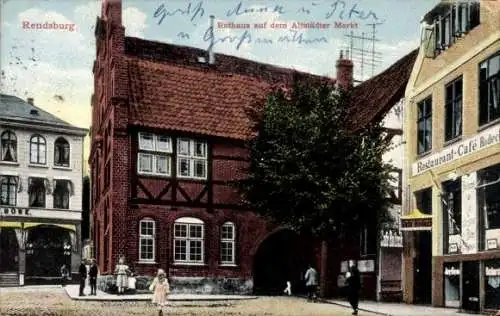 Ak Rendsburg in Schleswig Holstein, Rathaus, Altstädter Markt, Restaurant-Café