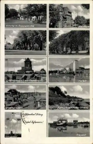 Ak Burg auf der Insel Fehmarn, Kirche, Doppeleiche, Rathaus, Hafen, Wartturm, Trajekt