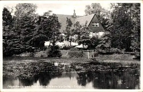 Ak Niederzwönitz Zwönitz im Erzgebirge Sachsen, Jägerhaus, Brettmühle, historische Linde