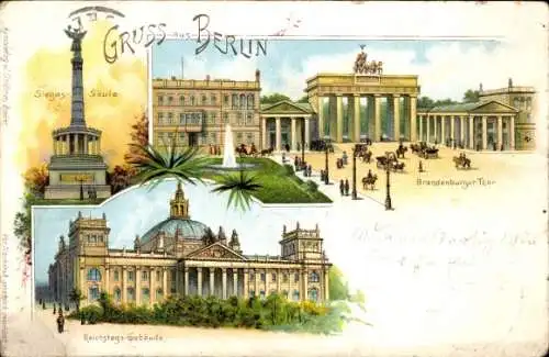 Litho Berlin Tiergarten, Siegessäule, Reichstagsgebäude, Brandenburger Tor