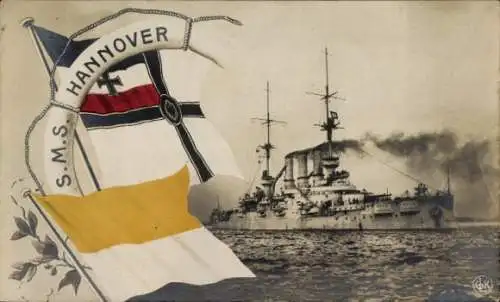 Ak Deutsches Kriegsschiff, SMS Hannover, Kaiserliche Marine, Fahnen, NPG