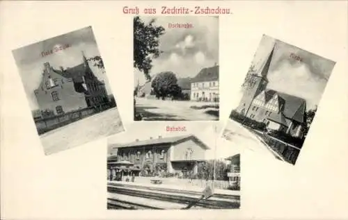 Ak Zeckritz Zschackau Beilrode in Sachsen, Bahnhof, Schule, Kirche, Dorfstraße