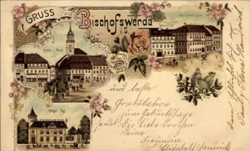 Litho Bischofswerda in Sachsen, Kirche, Post, Hotel