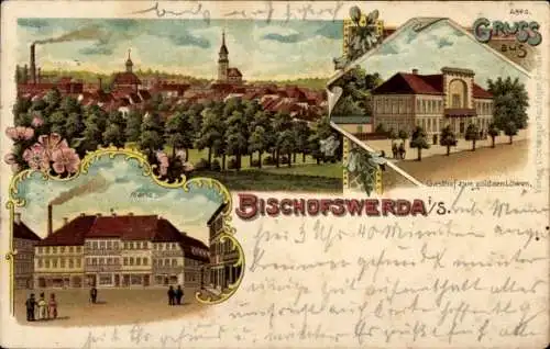 Litho Bischofswerda in Sachsen, Gesamtansicht, Markt, Gasthof zum goldnen Löwen