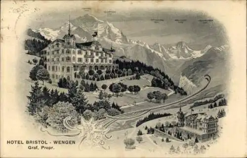 Litho Wengen Kanton Bern, Panorama, Hotel Bristol