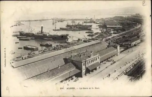Ak Algier Alger Algerien, Bahnhof, Gleisansicht, Hafen