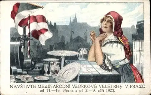 Ak Praha Prag Tschechien, internationale Mustermessen 1923, Frau in Tracht