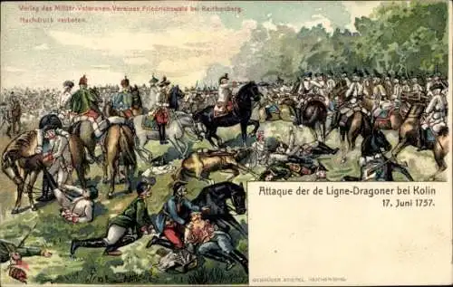Künstler Litho Kolín Köln an der Elbe Mittelböhmen, Attaque der de Ligne Dragoner 17. Juni 1757