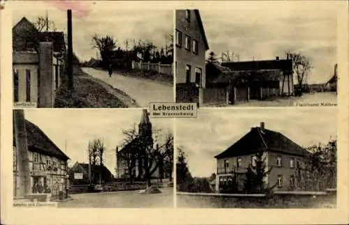 Ak Lebenstedt Salzgitter in Niedersachsen, Kirche, Denkmal, Fleischerei Kallbrei, Villa, Dorfstraße