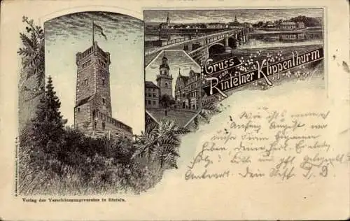 Litho Rinteln an der Weser, Rintelner Klippenturm, Weserbrücke, Marktplatz