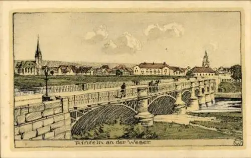 Künstler Ak Rinteln an der Weser, Teilansicht, Brücke