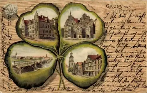 Kleeblatt Litho Rinteln an der Weser Kreis Schaumburg, Kreishaus, Weserbrücke, Rathaus, Marktplatz