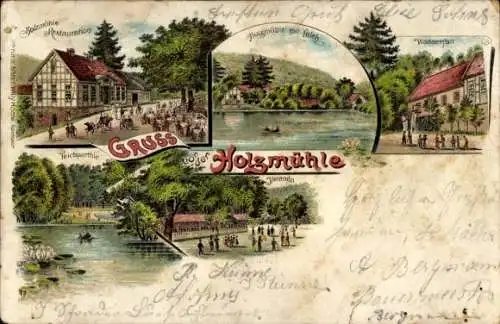 Litho Eldagsen Springe am Deister Niedersachsen, Restaurant Holzmühle, Teich, Wasserfall