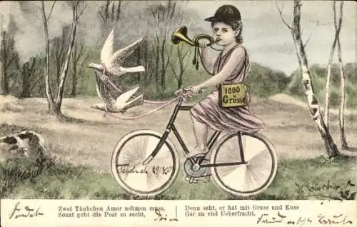 Ak Zwei Täubchen Amor nehmen muss, sonst geht die Post zu sacht, Posthorn, Fahrrad