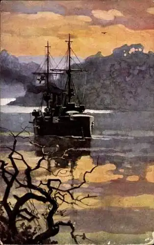 Künstler Ak Deutsches Kriegsschiff, SMS Königsberg, Kl. Kreuzer im Rusiji Fluss, Kaiserliche Marine