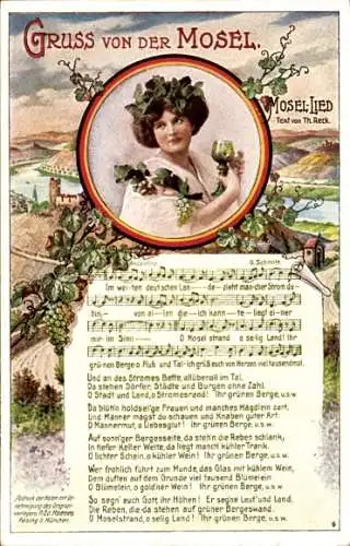 Lied Ak Reck, Thomas, Mosellied, Frau mit Kranz aus Weinlaub und Weinglas in der Hand