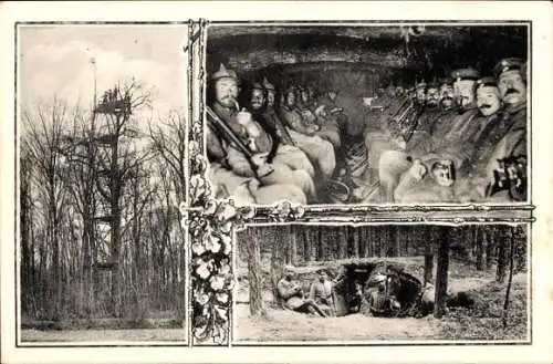 Ak Pionierbauten 2. Komp. Ers. Batl. L. Infanterie Regiment Nr. 4, Unterstand, Ausguck in einem Baum