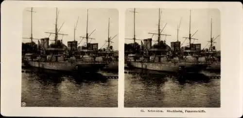 Stereo Foto Stockholm Schweden, Panzerschiffe, Schwedische Kriegsschiffe