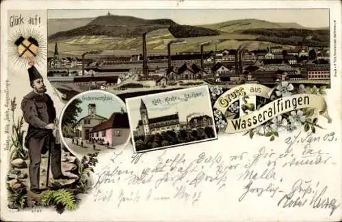 Litho Wasseralfingen Aalen im Ostalbkreis Württemberg, Grubenwirtschaft, Bergmann, Kirche, Schule