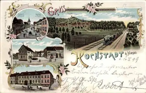 Litho Hochstadt Maintal in Hessen, Bahnhof, Schützenhaus, Rathaus, Gasthaus zur gold. Krone