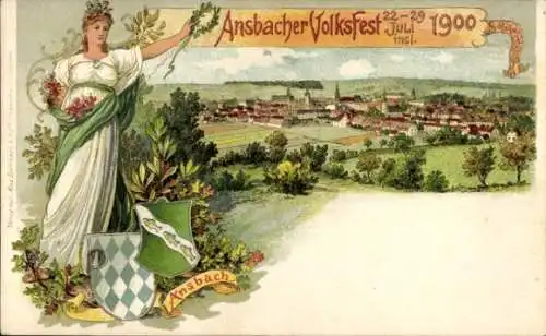 Wappen Litho Ansbach in Mittelfranken Bayern, Ansbacher Volksfest 1900, Totale der Stadt