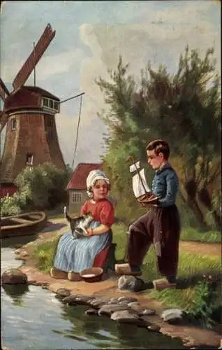 Ak Kinder in niederländischen Trachten, Katze, Windmühle, Segelboot-Miniatur