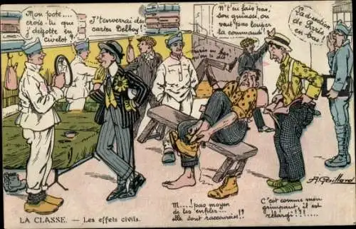 Künstler Ak Gaillard, Französische Soldaten, Rekruten in der Kleidungskammer