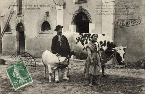 Ak Ehepaar, Französische Tracht, Kühe, Landwirtschaft