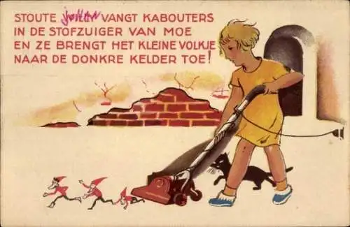 Ak Kind mit Staubsauger, Zwerge, Reinigung, Putzen, Schwarze Katze