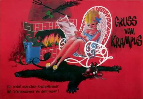 Künstler Ak Purzi, Krampus, Es endet mancher Krampusfreier als Füßchenwärmer vor dem Feuer