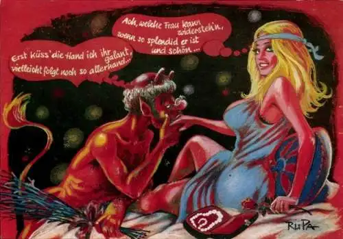 Künstler Ak Krampus, Teufel küsst die Hand, Verführung