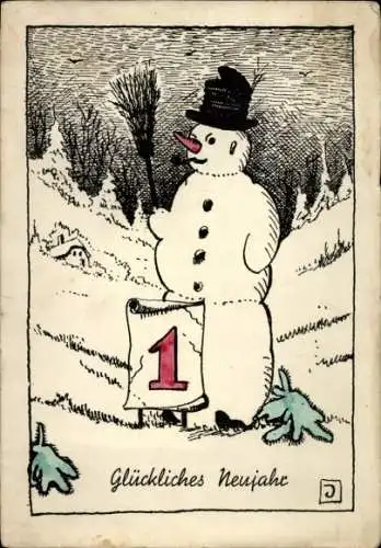 Künstler Ak Glückwunsch Neujahr, Schneemann, Kalender, Besen