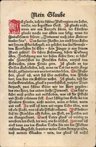 Ak Gedicht Mein Glaube, Ich glaube, dass die schöne Welt regiere ein hoher, weiser Geist