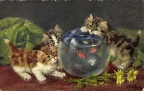Künstler Ak Katzen, Fische im Aquarium, Jagd, Blumen