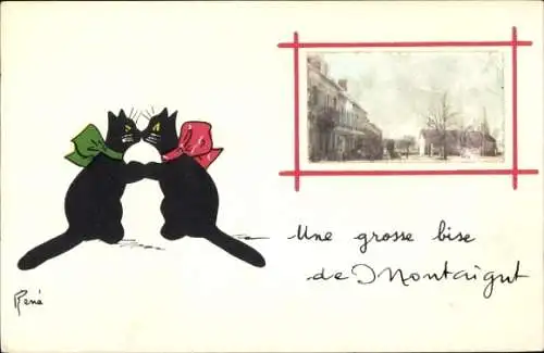 Künstler Ak Rene, Zwei schwarze Katzen, Kuss, Stadtansicht
