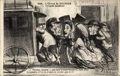 Künstler Ak Daumier, Pariser Typen, Personen steigen in Omnibus