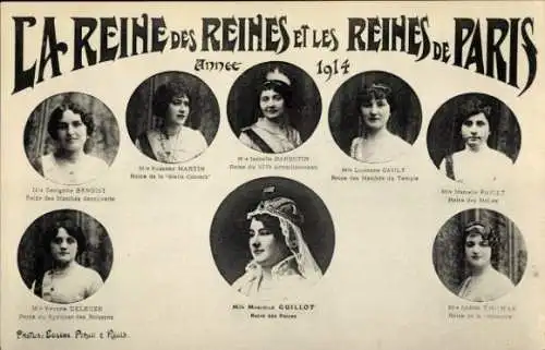 Ak Fetes de la Mi-Careme 1914, La Reine des Reines et les Reines de Paris, Guillot, Martin, Deleuze